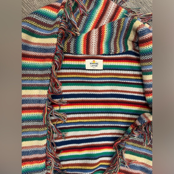 Marine Layer Alamere Long Fringe Multi Stripe Belted Cardigan Sweater - Picture 5 of 5